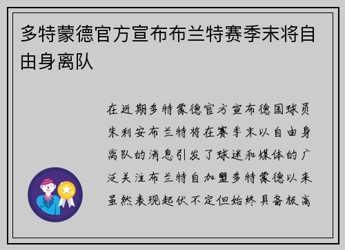 多特蒙德官方宣布布兰特赛季末将自由身离队