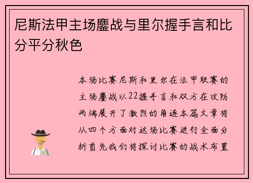 尼斯法甲主场鏖战与里尔握手言和比分平分秋色
